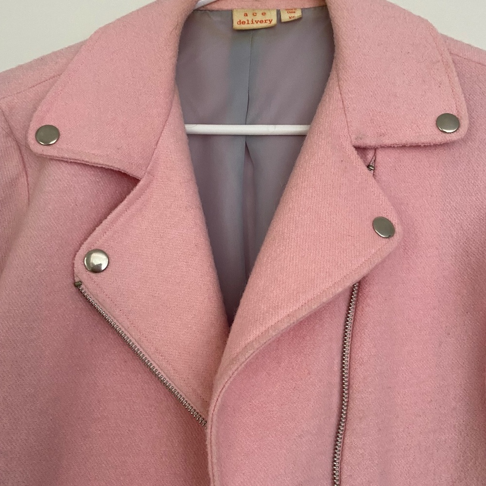 Pink wool bikers jacket.